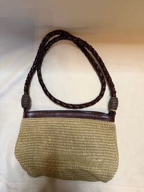 Woven Straw Shoulder Bag with Dark Brown Leather Strap